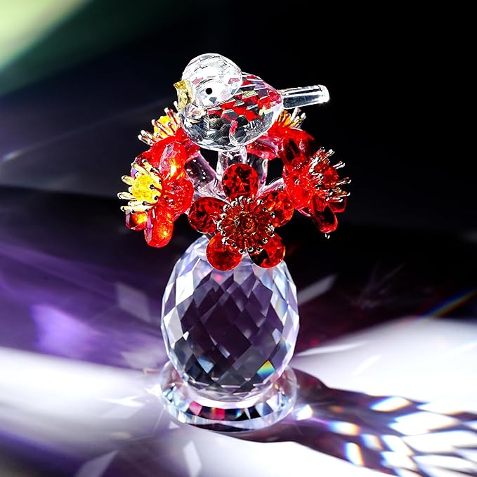 Crystal Bird & Forget-Me-Not Flower Figurine,3x4 inch Glass Flower Collectible Ornaments for Home Decor Table Centerpiece Glass Bouquet Flowers Keepsake Gifts for Women （Red）