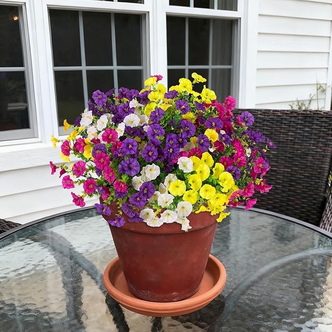 12 Bundles Morning Glory Artificial Flowers for Outdoor Decoration UV Resistant Fake Plastic Plants Artificial Greenery for Indoor Outdoor Garden Patio Window Box Home Decor