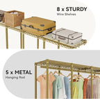 H5 Large Wire Garment Rack, Heavy Duty Clothes Racks, Wardrobe Closet Rack for Hanging Clothes, Freestanding Clothing Racks with Adjustable Shelf, 93.3" Wx15.7 Dx75.4 H, Gold, Load 1400 lbs