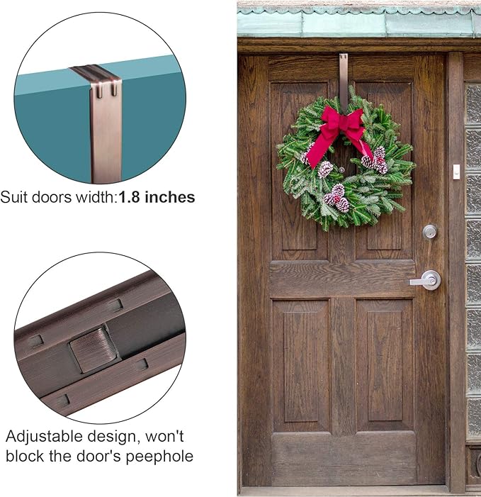 Wreath Hanger Adjustable Door Hanger Wreath Hanger for Front Door 15-24inch,Door Wreath Hook, Hold Up 20lb (Nickle-2 Pack)