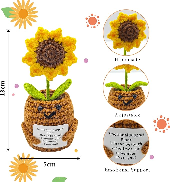 Positive Sunflower 5 inch Handmade Knitted Wool Doll with Positive Card for Cheer Up Gifts Emotional Support Crochet Sunflower Doll for Home Decoration