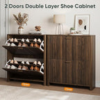 Shoe Cabinet with 2 Flip Drawers, 31.5 Inch Narrow Fluted Shoe Organizer with Gradient Wood Strips Door for Entryway Hallway, Living Room Storage Furniture, Walnut