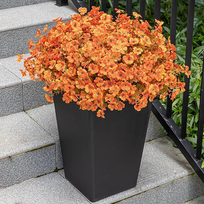 Lnoicy 20 Bundles Artificial Fake Mums for Outdoor Fake Plants for Autumn Decoration,Faux Eucalyptus Flowers for Planter UV Resistant Lifelike for Home Porch Garden (Fall Orange)