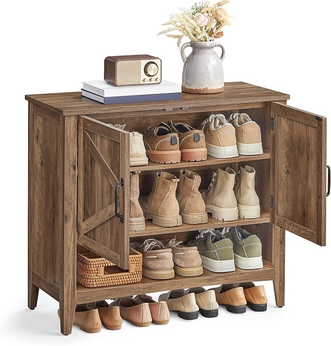 VASAGLE LIRY Collection - Shoe Cabinet, 3-Tier Storage Organizer, Shoe Shelf, Farmhouse Freestanding Cabinet, Height-Adjustable Shelf, 13.8 x 31.5 x 27.6 Inches, Honey Brown ULBC038B01