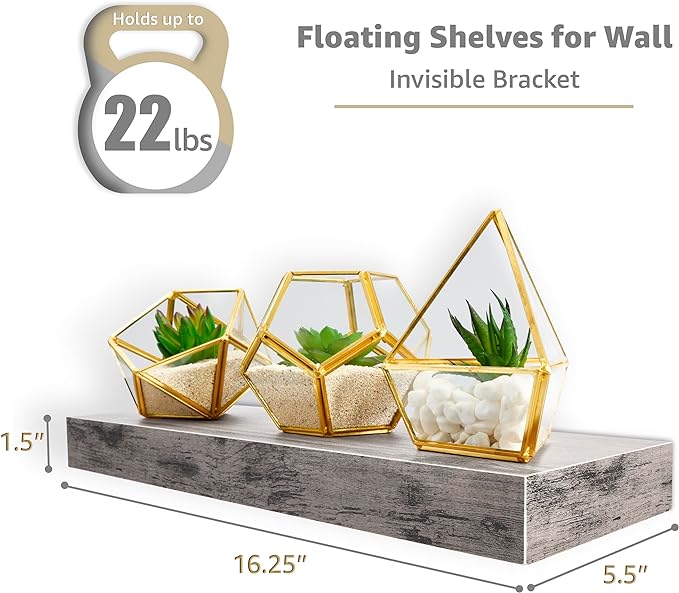 Sorbus Floating Shelves for Wall – 16 Inch Floating Shelf for Kitchen, Bedroom, Living Room, Bathroom, Home & Wall Decor - Mounted Bathroom Shelves with Invisible Brackets (Grey, 5 Pack)
