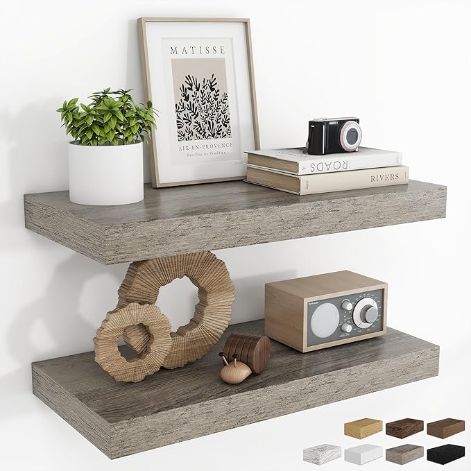 RICHFOCUS 20Inch Floating Shelves for Wall 2 Pack Shelves for Bedroom|Kitchen|Bathroom|Laundry Room Rustic Wood Wall Mounted Shelf with Invisible Brackets for Books|Storage|Decor, Grey