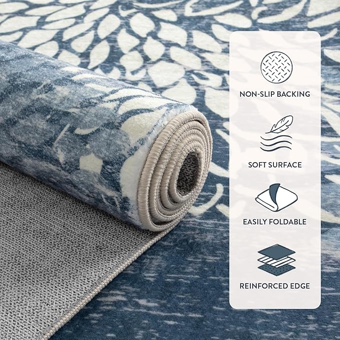 Dahlia Blue Washable Area Rugs 8x10, Low Pile Floral Bedroom Rug 8x10 Under Bed, Boho Soft Large Rug for Living Room, Non Slip Floor Carpet for Dining Room Office,Blue