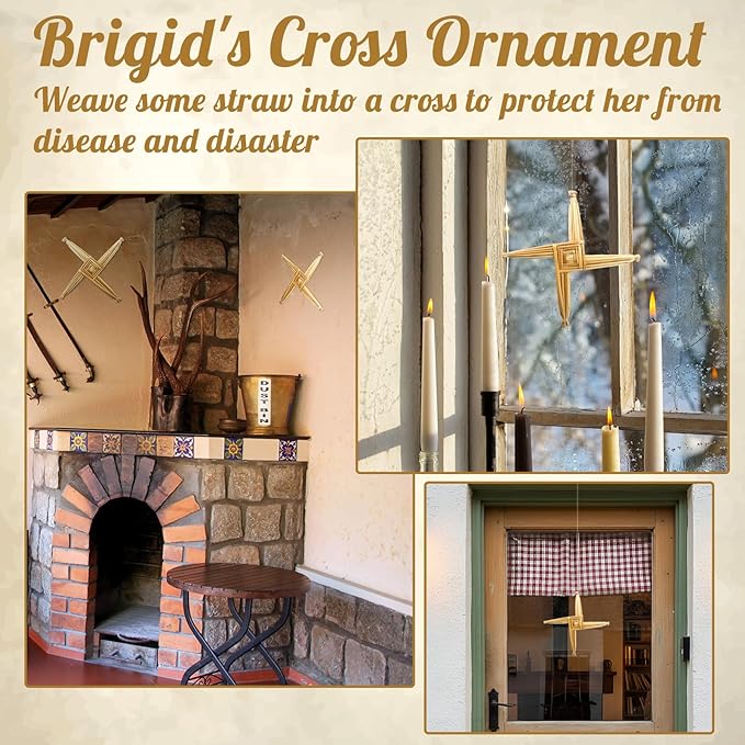 Kathfly 2 Pcs St. Brigid's Wall Cross and Card Irish Gift Saint Brigid's Cross History Card Irish Blessing Gift Ireland Hanging Wall Traditional Decor for Celtic Imbolc Home(10 in,Classic,Straw Color)