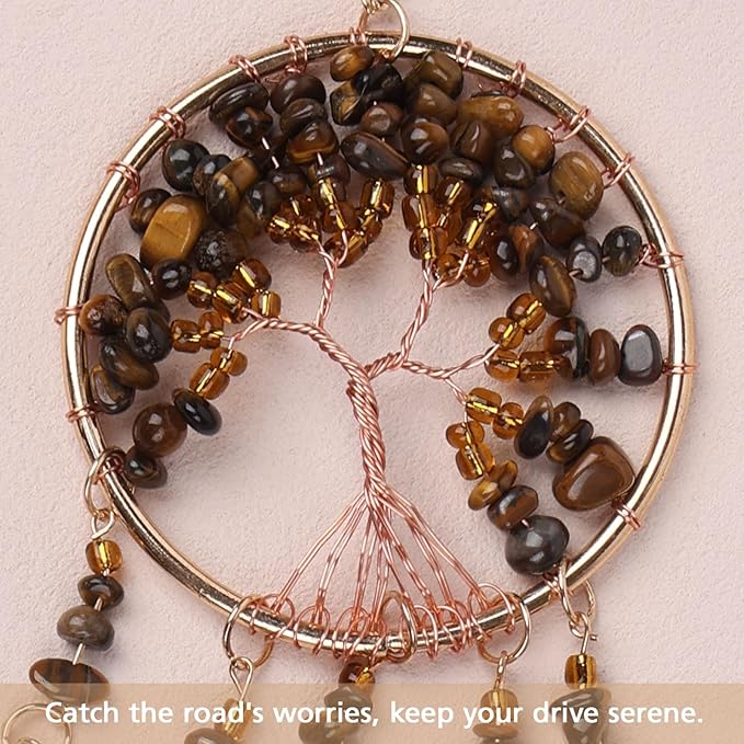 Pretty Jolly Small Tree of Life Crystal Stone Dream Catchers Brown Feathers Mini Dreamcatchers for Cars Rear View Mirror Hanging Decoration Good Luck Travel Charm Bedroom Ornaments for Women Girls