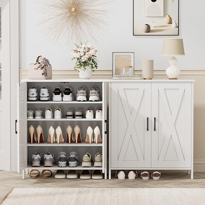 Farmhouse Shoe Cabinet with 2 Barn Doors & Wood Legs, 5-Tier Shoe Storage Cabinet with 3 Adjustable Shelves, Tall Shoe Rack Organizer for Closet, Shoe Organizer for Entryway, Hallway, White