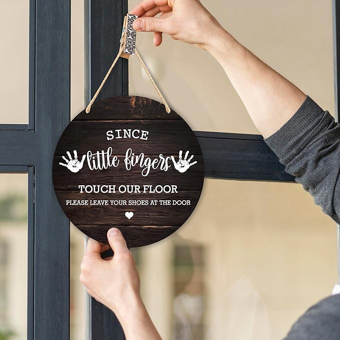 Wall Pediments Shoes Off Sign,Shoes Off Sign for Front Door,Since Little Fingers Touch Our Floor Door Sign,Please Take Your Shoes Off Sign,9.8x9.8 Inches（05）