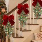 Yunlly 24" Pre Lit Christmas Teardrop Swag Battery Operated Christmas Red Bowknot Swag with Lights, Pine Cones, Pine Branches, Xmas Wreath Garland Ornament for Indoor Outdoor Home Hanging Decor
