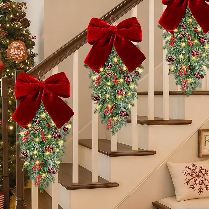 Yunlly 24" Pre Lit Christmas Teardrop Swag Battery Operated Christmas Red Bowknot Swag with Lights, Pine Cones, Pine Branches, Xmas Wreath Garland Ornament for Indoor Outdoor Home Hanging Decor
