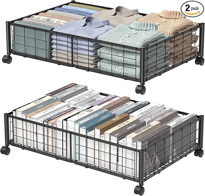 Under Bed Storage with Wheels, 360° Rotating, No-Assembly Underbed Storage Containers, 2PACK