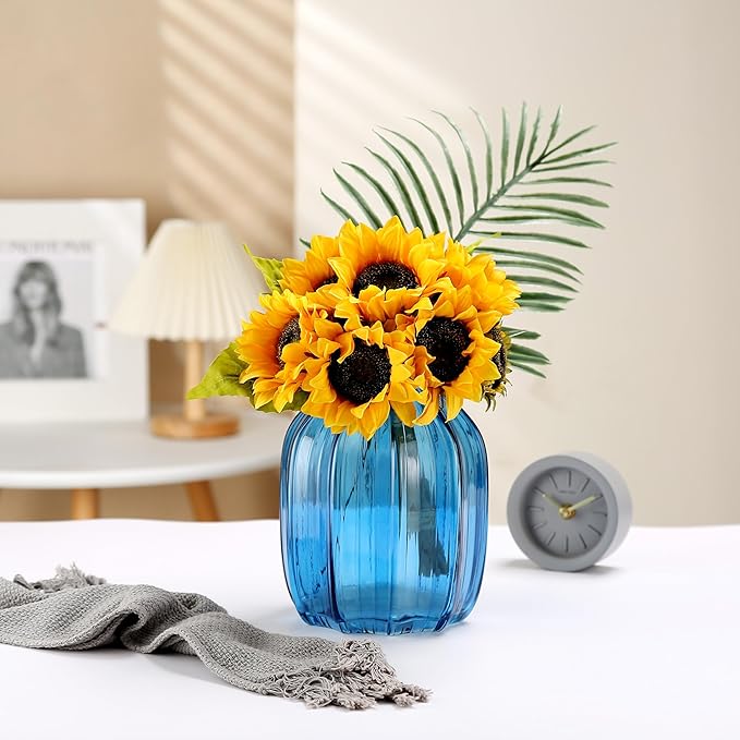 Blue Glass Vase for Flowers Bud Tall Glass Vases,H-8.0" Simple Striped Design for Home Floor Decor,Farmhouse Decor, Centerpiece Coffee Table Decorations (Blue 8.0IN)