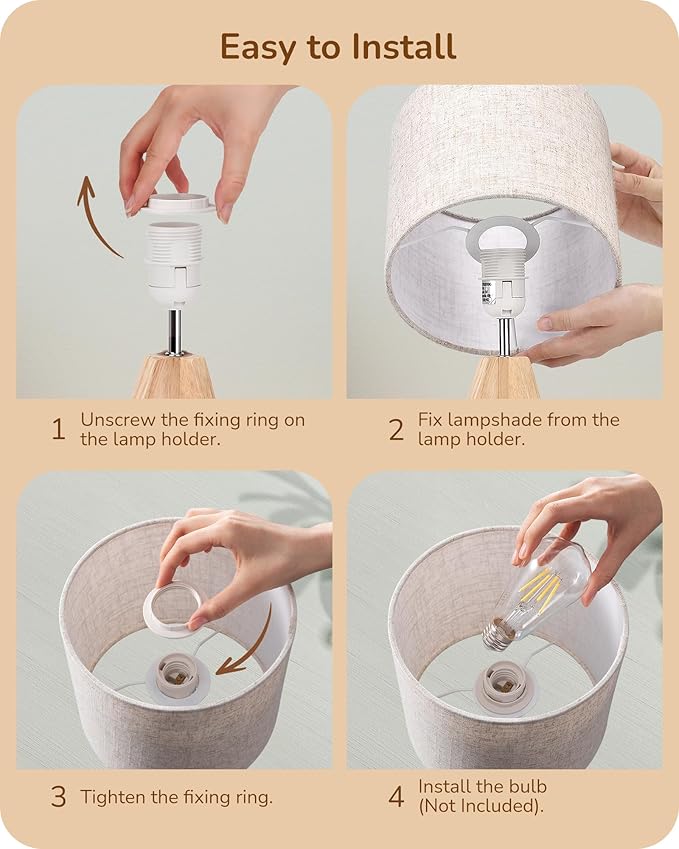 EDISHINE Small Table Lamp, Boho Bedside Lamp with Linen Fabric Shade, Wood Tripod Nightstand Lamp for Nursery, Living Room, Bedroom, Narrow End Table, UL Listed, 14.2 Inch, ON/Off Switch