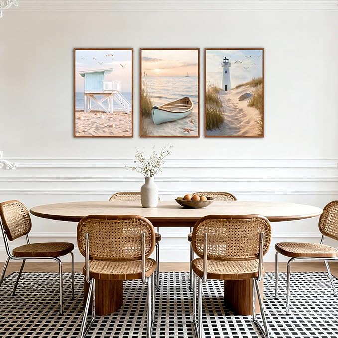 KAlRNE Coastal Ocean Wall Art Set of 3(16’’X24’’),Framed Pastel Canvas Prints with Lighthouse & Boat Paintings, Neutral Coastal Scenery Pictures for Living Room Bedroom, Large Beach Wall Art Framed