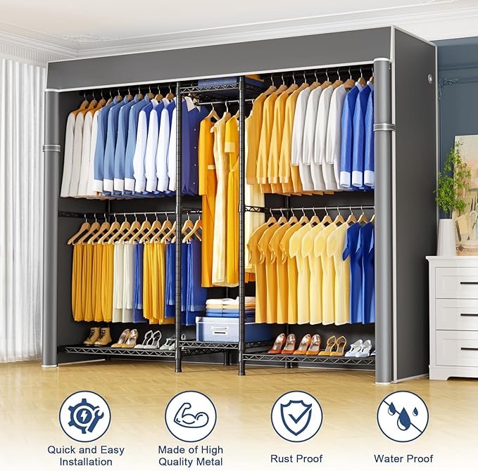 Ulif E12C Pro Heavy Duty Closet Organizer System，Freestanding Clothing Racks for Hanging Clothes，Adjustable Garment Rack 71"W x 16"D x 76.5"H Hold 960lbs，Black Clothing Rack with Grey Dustproof Cover
