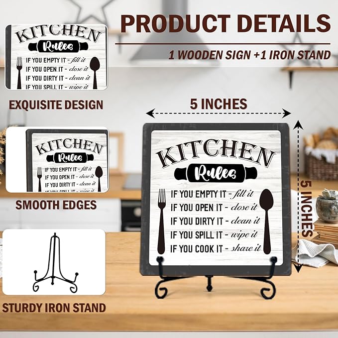 DETIHO Farmhouse Kitchen Decor Wooden Plaque, Above Cabinet Decor, Rustic Wooden Sign with Iron Stand for Home Kitchen Table Shelf Decoration - G03