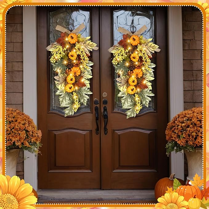 Lyrow 4 Pcs Cordless Prelit Artificial Swags 24" Pumpkin Stairway Swag Teardrop Trim with Timer Christmas Staircase Decoration Battery Operated Garland for Indoor Outdoor Railing