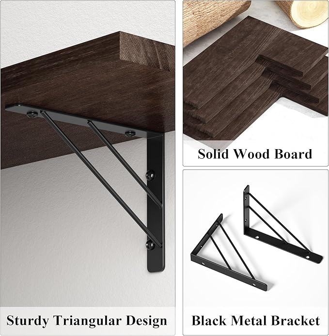 Love-KANKEI Corner Shelf Wall Mounted Set of 4, Floating Wall Shelves for Storage, Rustic Wood Hanging Shelves for Bathroom Kitchen Bedroom Living Room Display, Dark Brown