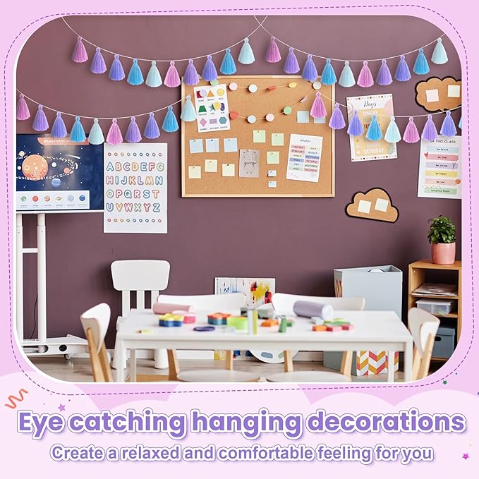 WILLBOND 4 Pieces Valentine's Day Tassel Garland for Classroom Wall Decor Boho Pastel Garland Cotton Tassel Banners for Party School(3.1 Inch,Purple Colors)