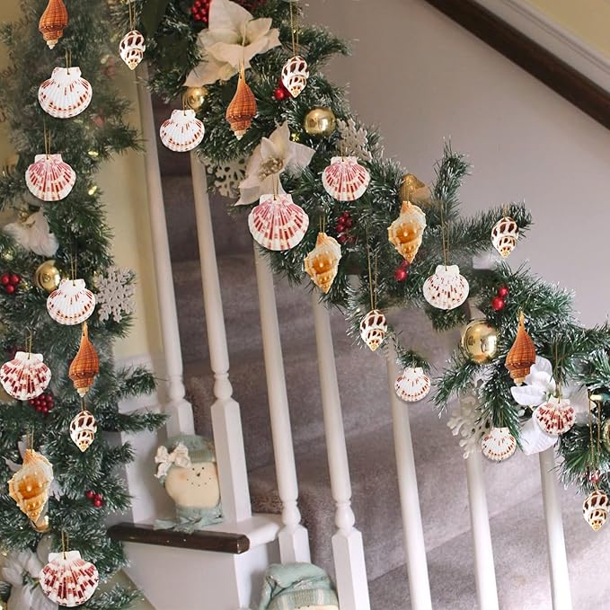20 PCS Seashells Hanging Ornaments Natural Shells Decorations Beach Ocean Nautical Style for Summer Decor Christmas Tree Wedding Birthday Craft Conch Projects