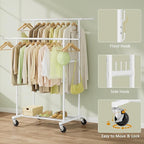Double Rod Garment Rack, Heavy Duty Rolling Clothes Rack with Wheels For Hanging Clothes, Portable Metal Clothing Rack with Shelves,White, 64.2in Chrome