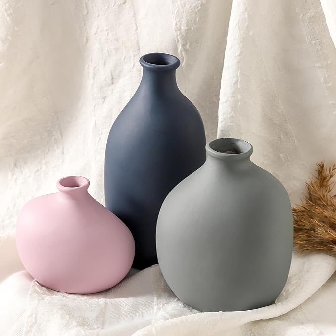 Ceramic Vase Set of 3,Decorative Vases Home Decor, Small Modern Boho Rustic Farmhouse Pottery Vases for Pampas Grass Dried Fresh Flowers,Bedroom,Living Room,Bookshelf, Mantel，Centerpiece Table Decor