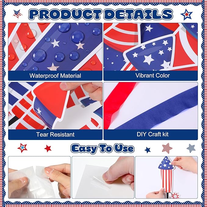 Epakh 4th of July Bulletin Board Decorations Set DIY Patriotic Fireworks Cutouts with Red Blue Crepe Paper Rolls, Independence Day Classroom Decor for Door Wall Summer School Home Supplies
