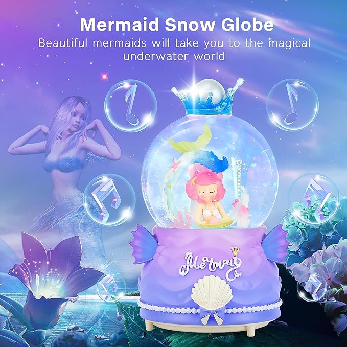 BREIS Snow Globes,100MM Mermaid Snow Globe Automatic Snowflakes with Music LED Lights,Decorate Christmas Birthday Valentines Day Gifts for Women Sister Mom Girlfriend Wife