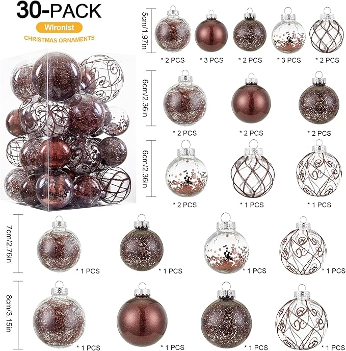 Wironlst Christmas Ball Ornaments Shatterproof Clear Large Plastic Hanging Ball Decorative Baubles Set with Stuffed Delicate Decorations (Multi-Siz, Brown)