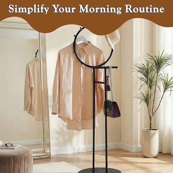 Kings Brand Furniture Cheska Suit Valet Stand with Circular Frame - Tie Jacket Clothes Hooks, Freestanding Clothing Organizer, Black