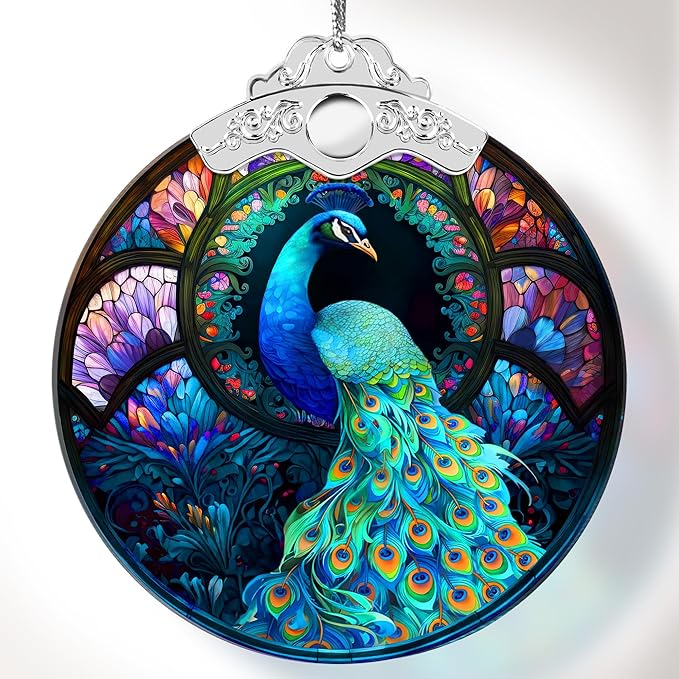 2025 Christmas Ornaments, Christmas Tree Ornaments Acrylic, Faux Stained Glass Effect White Elephant Gifts Exchange, Unique Suncatcher Xmas Stocking Stuffers for Women, Men (Peacock)