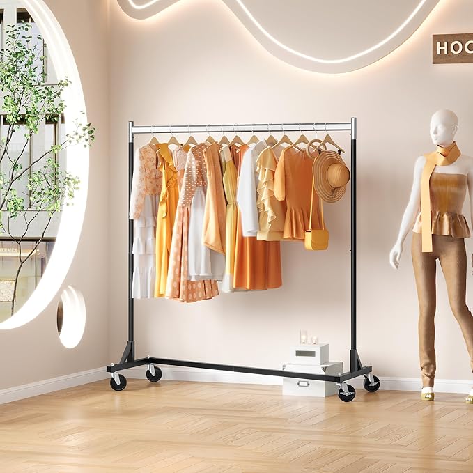 Hoctieon Z Rack, Rolling Clothes Racks with Z-Base, Heavy Duty Garment Rack, Clothing Racks for Hanging Clothes, Sturdy Metal Hanging Holder, Clothes Organizer Rack, Chrome