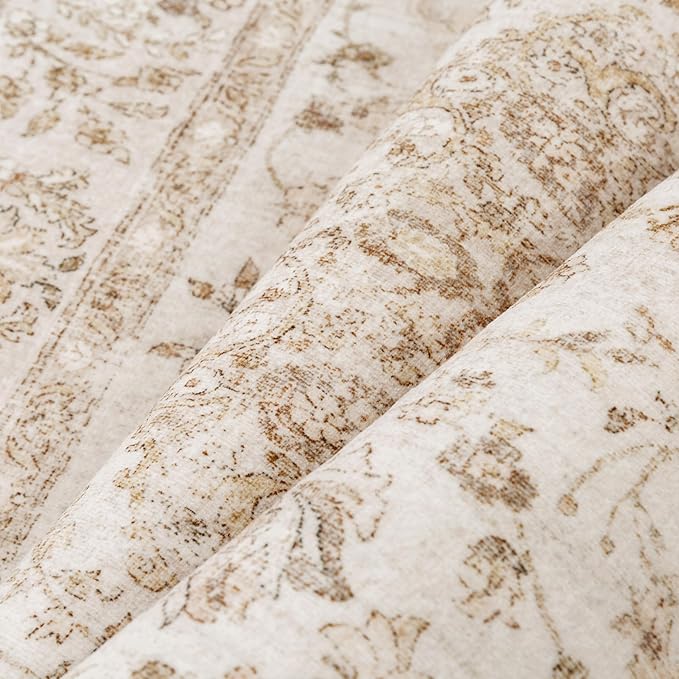 8x10 Beige Area Rug Washable Living Room Vintage Carpet Bedroom Distressed Large Non Slip Low Pile Thin Dining Room Office Medallion Accent Throw Rug