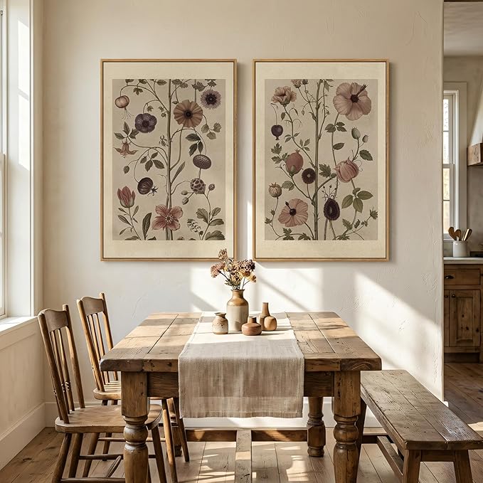 Large Framed Vintage Botanical Wall Art Set of 2, Neutral Antique Floral Canvas Painting Prints Artwork for Walls, Retro Rustic Farmhouse Flowers Pictures for Living Room Bedroom Wall Decor, 24x36 In