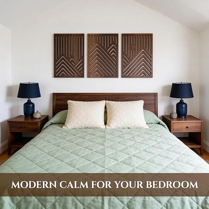 qmmp Modern Wooden Wall Sculptures - Set of 3 - Home Decor Accent - Large Wall Art for Living Room, Bedroom, Office - Easy Installation (Walnut, XLarge - Mountain and Sun)