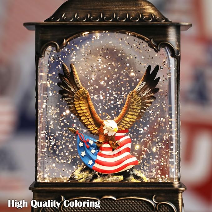 Eagle Snow Globe Lantern 4th of July Decorations Decorations Gifts Auto Snowfall Glitter Music Collection Independence Day Patriotic American Flag with 6H Timer USB/Battery Powered 10.2 inch