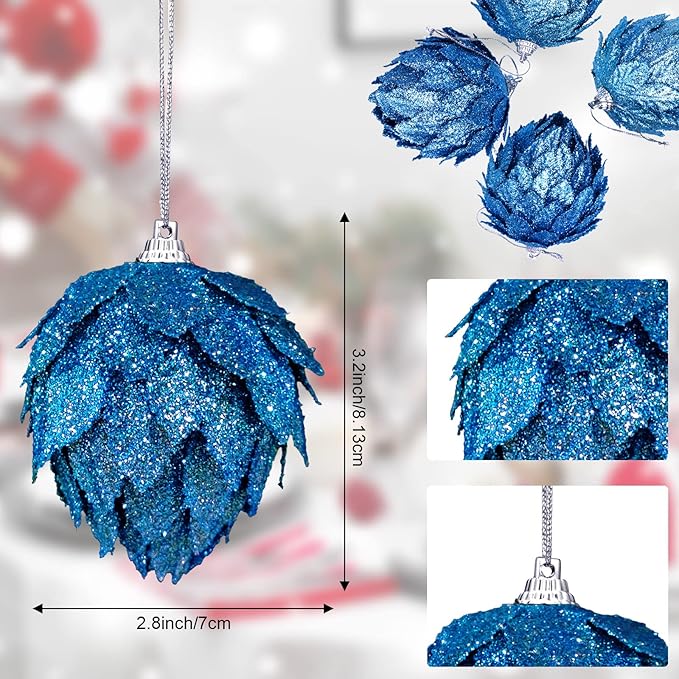 Jetec 8 Pieces Christmas Ornaments Glitter Christmas Tree Hanging Decoration Decorative Artificial Pine Cones Flowers Hanging Ornaments for Winter Wreath Holiday Decor(Blue)
