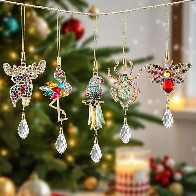 5Pcs Hanging Ornaments for Christmas Tree Mix Color Christmas Decor Metal Animal Pendant Xmas Wedding Party Gifts Crystal Suncatchers Indoor Home Decor