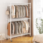 BATHWA Heavy Duty Garment Rack on Wheels, Rolling Clothes Racks for hanging clothes, Modern Closet Wardrobe Clothing Rack with 8 Side Hangers, White