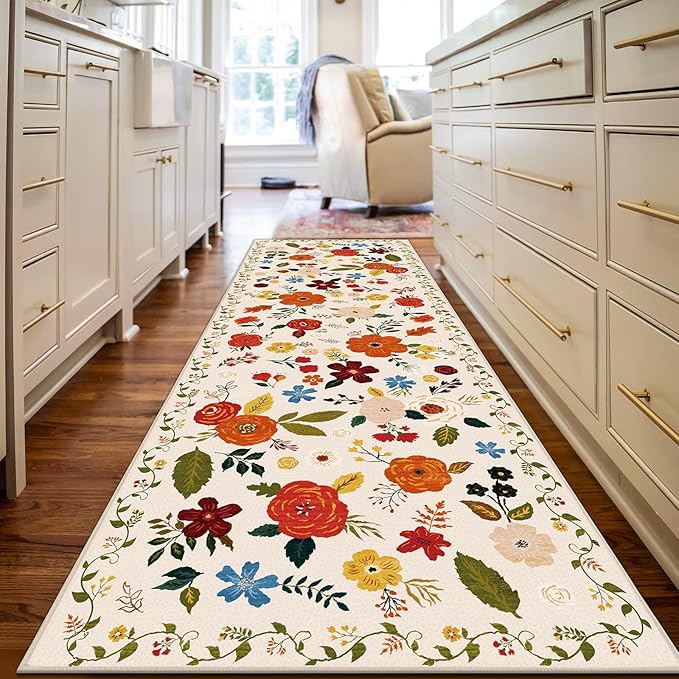U'Artlines 2'6" x 8' Boho Runner Rug for Hallways Kitchen Colorful Floral Soft Non Slip Washable Floor Carpet Runners for Entryway Laundry Room Bathroom Beige