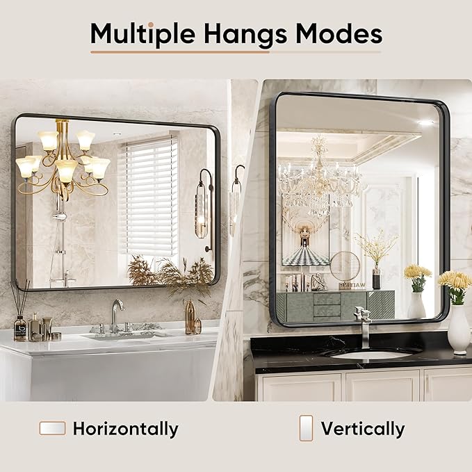 DUMOS Black Metal Framed Vanity Rounded Rectangle Bathroom Mirrors for Over Sink Wall, 30x22 Inch Matte Large Mirror, Modern Decorative for Restroom, Farmhouse, Horizontally or Vertically Hanging