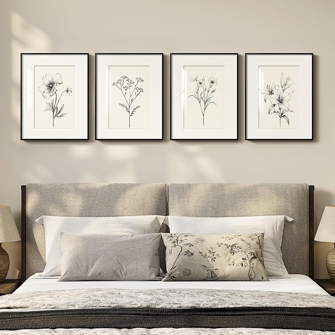 Framed Black and White Floral Wall Art Set, Vintage Minimalist Botanical Prints Artwork for Walls, Neutral Flower Pictures for Modern Farmhouse Bedroom Living Room Bathroom Wall Decor, 12x16 Inch