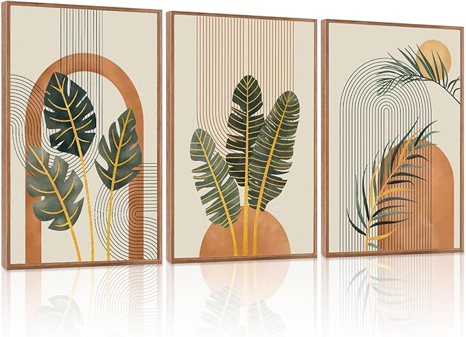 KAIRNE Boho Canvas Wall Art,Abstract Minimalist Room Decor,Tropical Botanical Wall Decor,Mid-Century Geometric Illustrations Set of 3(24”X36”),Botanical Print for Living Room Bedroom Dining Room Decor