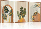 KAIRNE Boho Canvas Wall Art,Abstract Minimalist Room Decor,Tropical Botanical Wall Decor,Mid-Century Geometric Illustrations Set of 3(24”X36”),Botanical Print for Living Room Bedroom Dining Room Decor
