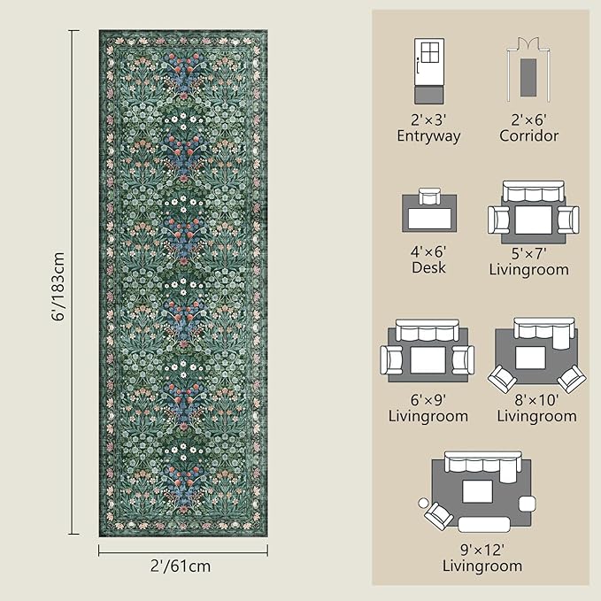 Non-Slip Washable Runner Rug for Hallways, 2x6 Ultra-Thin Floral, Boho Soft Forest Green Carpet for Kitchen, Bathroom & Laundry Room