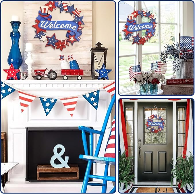 4th of July Decorations Wooden Welcome Sign, Wooden American Flag Star Wreath, Outdoor Wall Hanging for Front Porch, Veterans Day Home Decor (4th of July)
