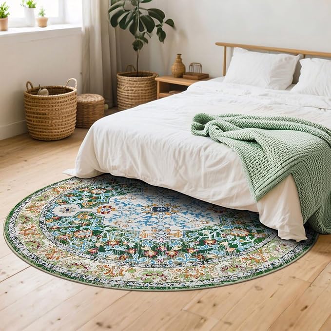 U'Artlines Boho Vintage Round Area Rug 6ft Machine Washable Low Pile Soft Floor Carpet Non Slip Non Shedding Accent Rug for Living Room Bedroom Entryway Dining Room Office Green
